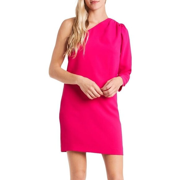 CeCe Moss crepe one shoulder dress bright hot pink pleated sleeve new Small - Picture 1 of 5